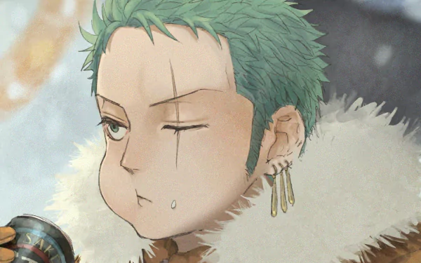 HD PC desktop wallpaper of Roronoa Zoro from One Piece: Two Years Later, featuring the anime character with green hair and earrings in a detailed close-up.