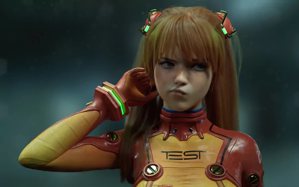 A detailed 4K Ultra HD anime desktop wallpaper of Asuka Langley Sohryu from Neon Genesis Evangelion in her red and yellow plugsuit.