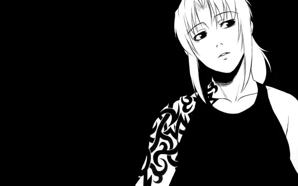 Black Lagoon anime HD PC wallpaper featuring a monochrome portrait of a character with a detailed tribal tattoo on their arm against a black background.