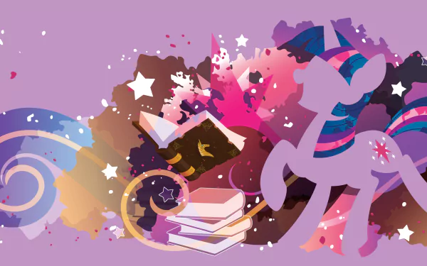 Minimalist HD desktop wallpaper featuring Twilight Sparkle from My Little Pony: Friendship Is Magic, with a magical, colorful background and scattered stars and books.