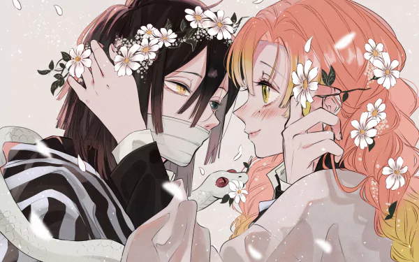 HD anime desktop wallpaper featuring Mitsuri Kanroji and Obanai Iguro from Demon Slayer: Kimetsu no Yaiba, surrounded by delicate white flowers.