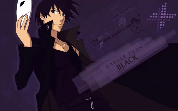 HD PC desktop wallpaper/background of Hei (Darker than Black), anime-style: Hei in a dark coat holding a white mask against a moody purple backdrop with Darker than Black text.