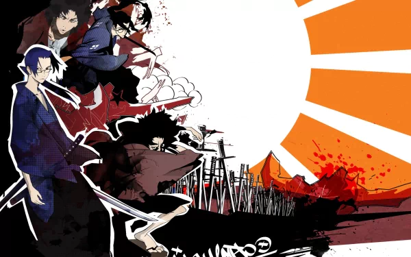 Vibrant HD wallpaper featuring characters from the anime Samurai Champloo, set against a striking background with a stylized sun and dynamic action elements.