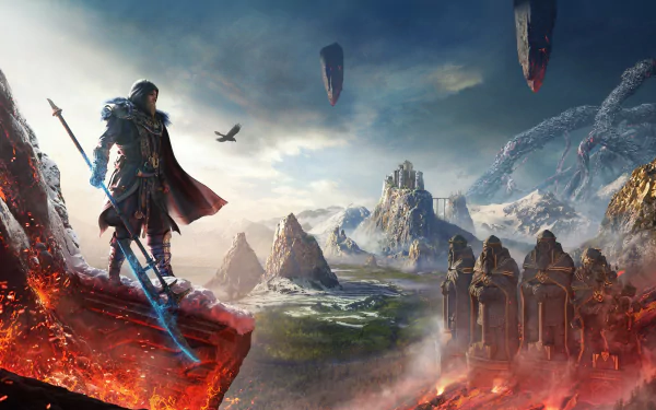 4K Ultra HD PC wallpaper of Eivor from the video game Assassin's Creed Valhalla: Dawn of Ragnarok, standing on a fiery cliff overlooking a mythic Norse landscape with floating rocks.