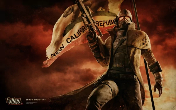 A dramatic HD wallpaper from Fallout: New Vegas, featuring a character in a post-apocalyptic setting, holding a weapon and a flag of the New California Republic against a fiery backdrop.