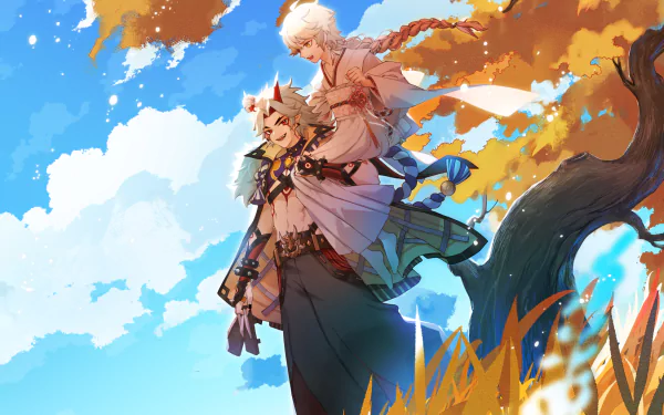 HD PC desktop wallpaper featuring Arataki Itto and Aether from the video game Genshin Impact against a vibrant sky with autumn leaves and a large tree.