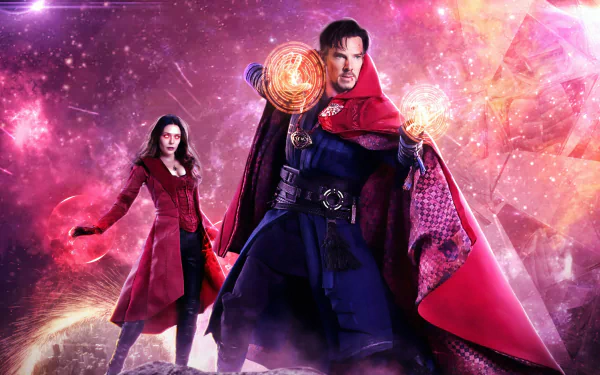 4K Ultra HD wallpaper featuring Elizabeth Olsen as Wanda Maximoff and Benedict Cumberbatch as Doctor Strange from Doctor Strange in the Multiverse of Madness.
