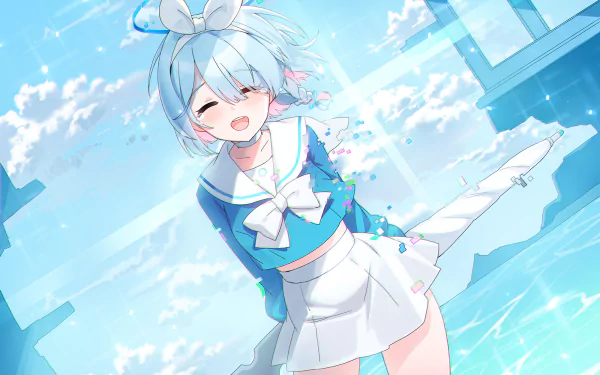 Arona (Blue Archive) from the video game, smiling in a blue sailor outfit on a bright seaside HD PC desktop wallpaper with windblown hair, bow, confetti and sparkling water.