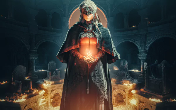 Dark Souls III 5K Ultra HD PC desktop wallpaper: hooded Fire Keeper in a dark cloak cradles a glowing ember in a candlelit gothic hall, warm light contrasting cold stone.