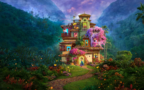 4K Ultra HD PC desktop wallpaper of the magical house from the movie Encanto, nestled in a lush mountain valley at dusk with glowing windows and blooming pink trees.