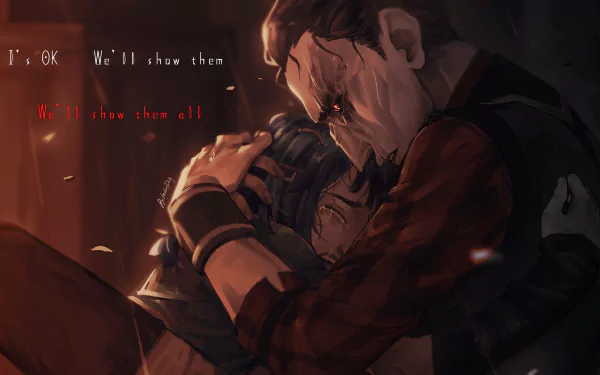 4K Ultra HD PC desktop background of Arcane (TV show): Silco cradles a wounded Jinx from League of Legends in dim, warm light, blood and ash falling, an intense protective embrace.