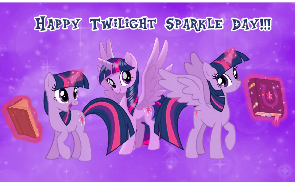 HD PC wallpaper of Twilight Sparkle from the TV show My Little Pony: Friendship Is Magic. Three poses on a purple sparkly background with floating books and Happy Twilight Sparkle Day!!! banner.