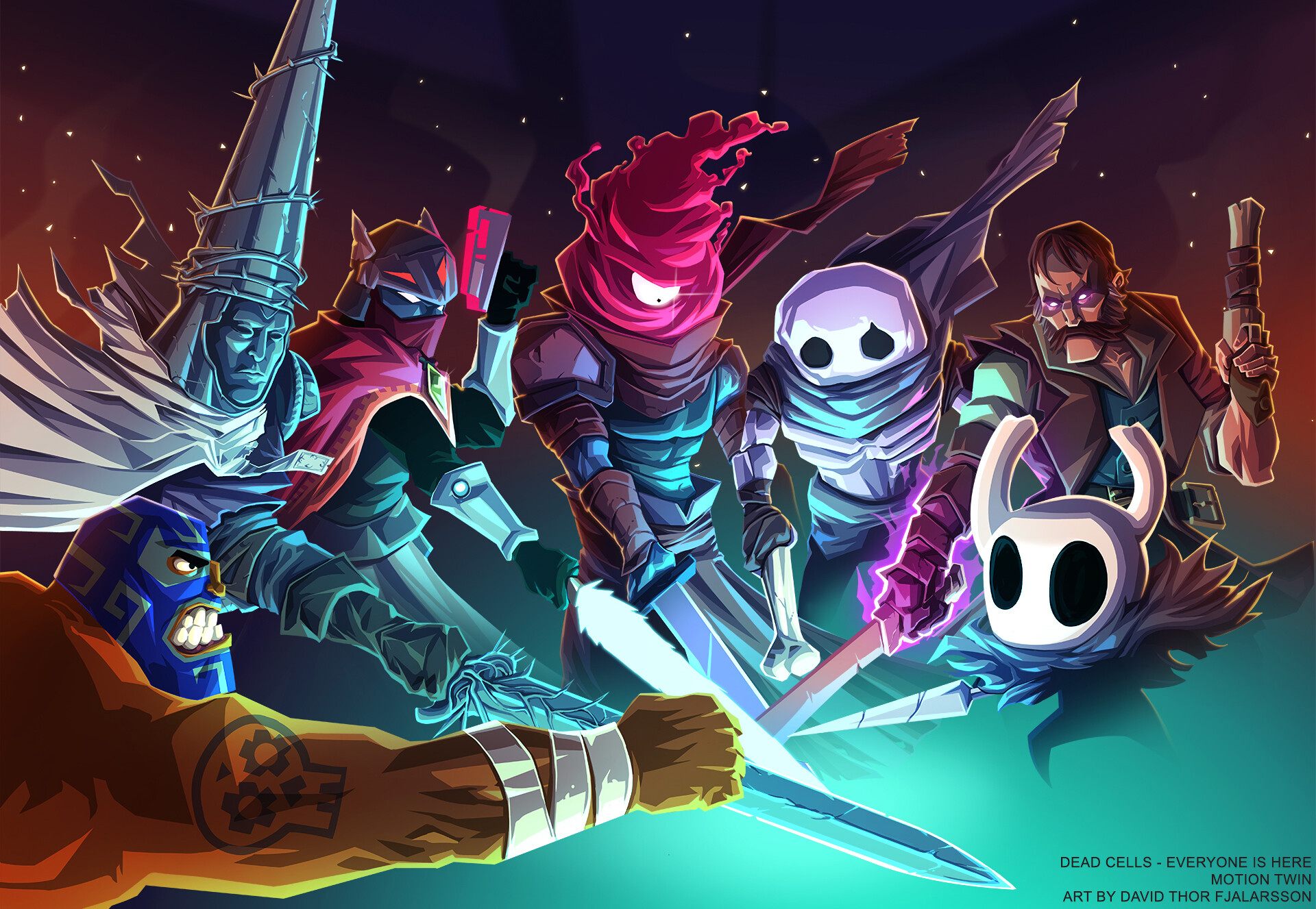 HD wallpaper featuring characters from Dead Cells video game with dynamic action poses on a vibrant background.