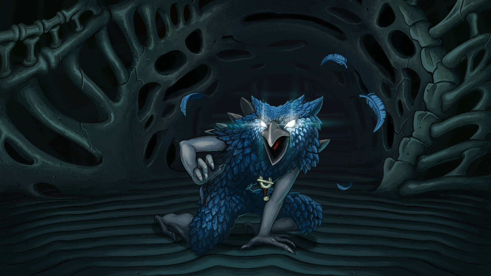 HD desktop wallpaper featuring a menacing blue creature from the game Slay the Spire, set against a dark, bone-themed background.