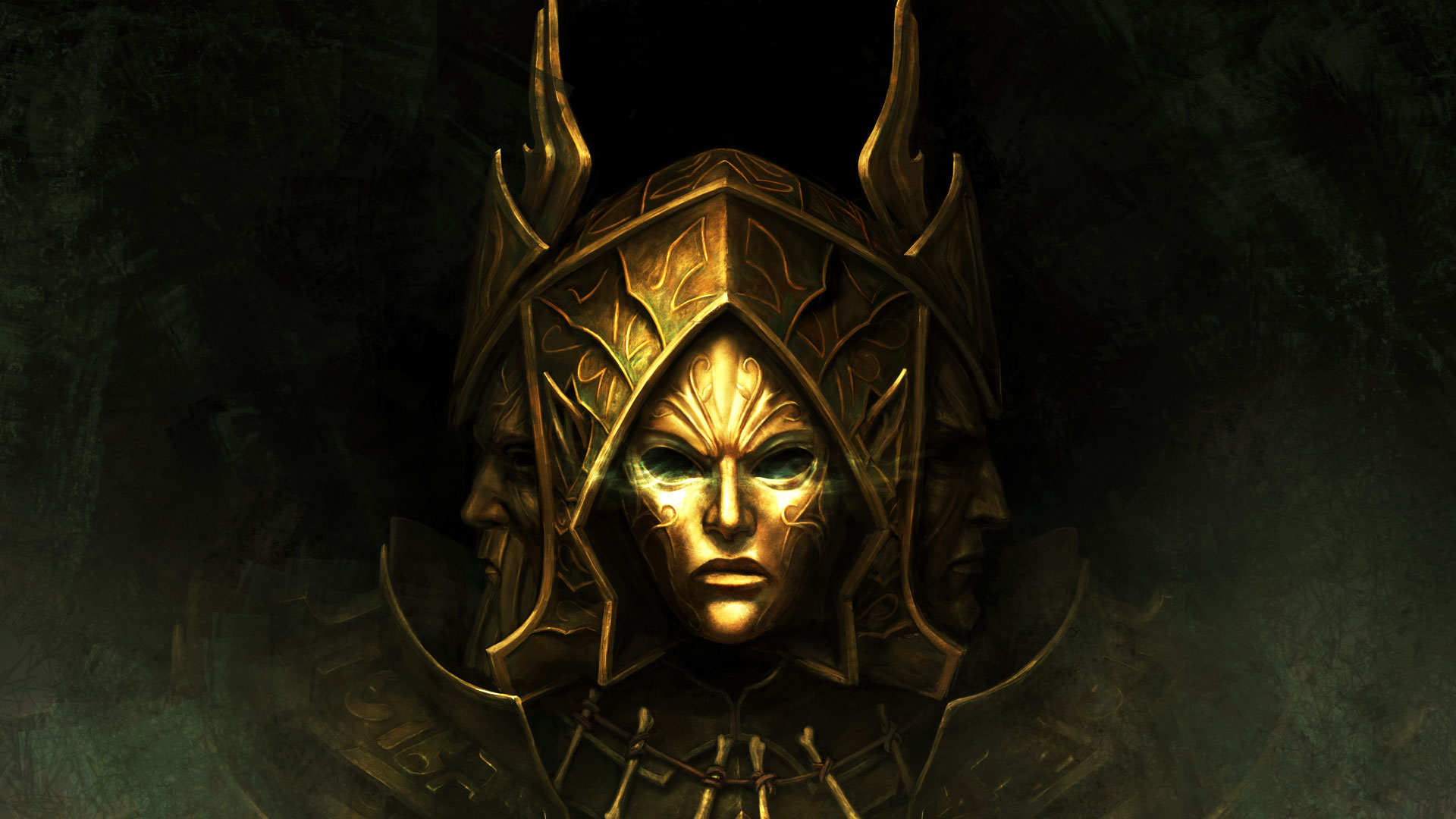 HD wallpaper featuring a golden mystical helmet from Divinity: Original Sin II, set against a dark, artistic background.