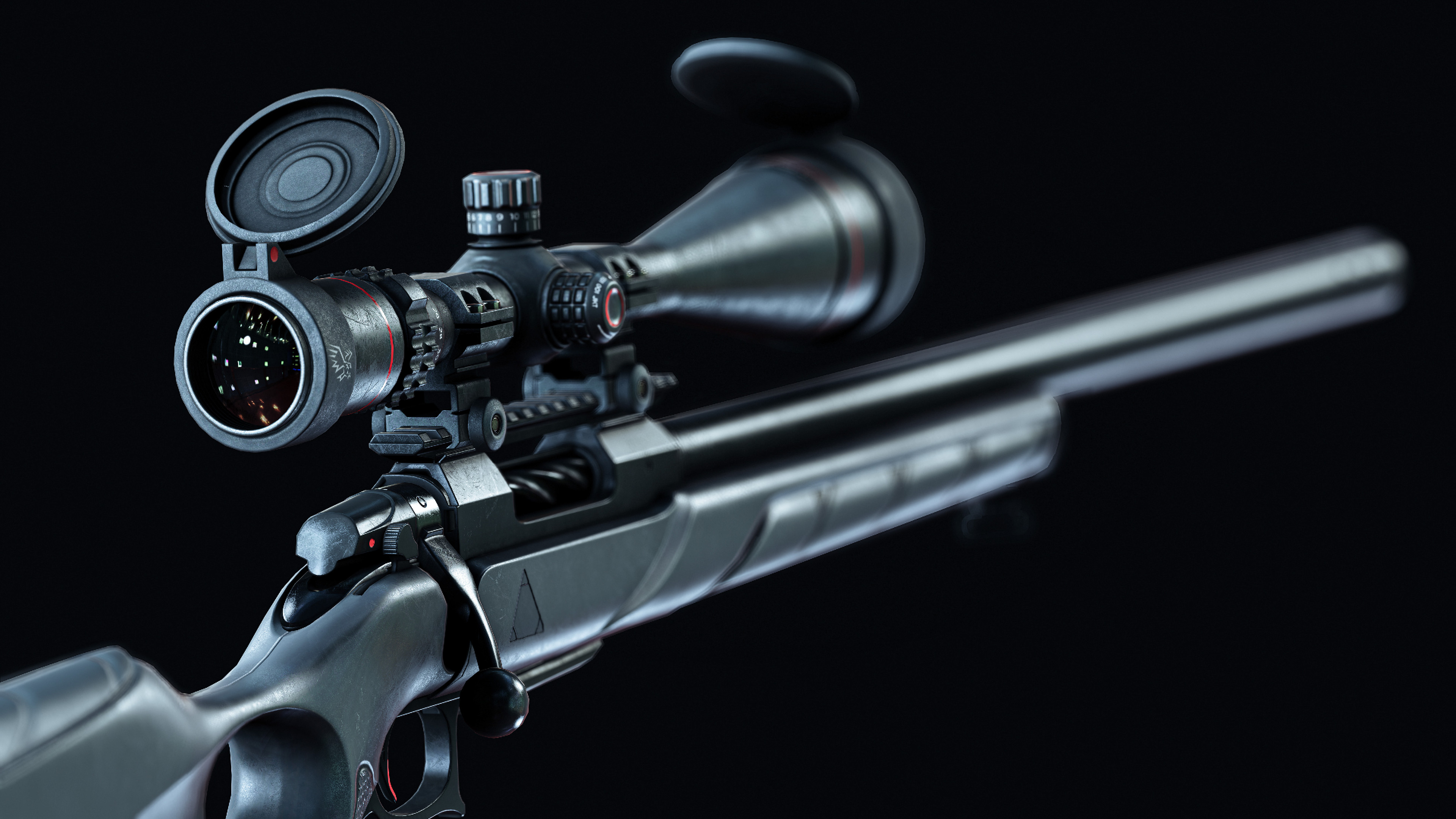 HD desktop wallpaper and background from Hitman 3 featuring a close-up of a sniper rifle with a scope on a dark backdrop.