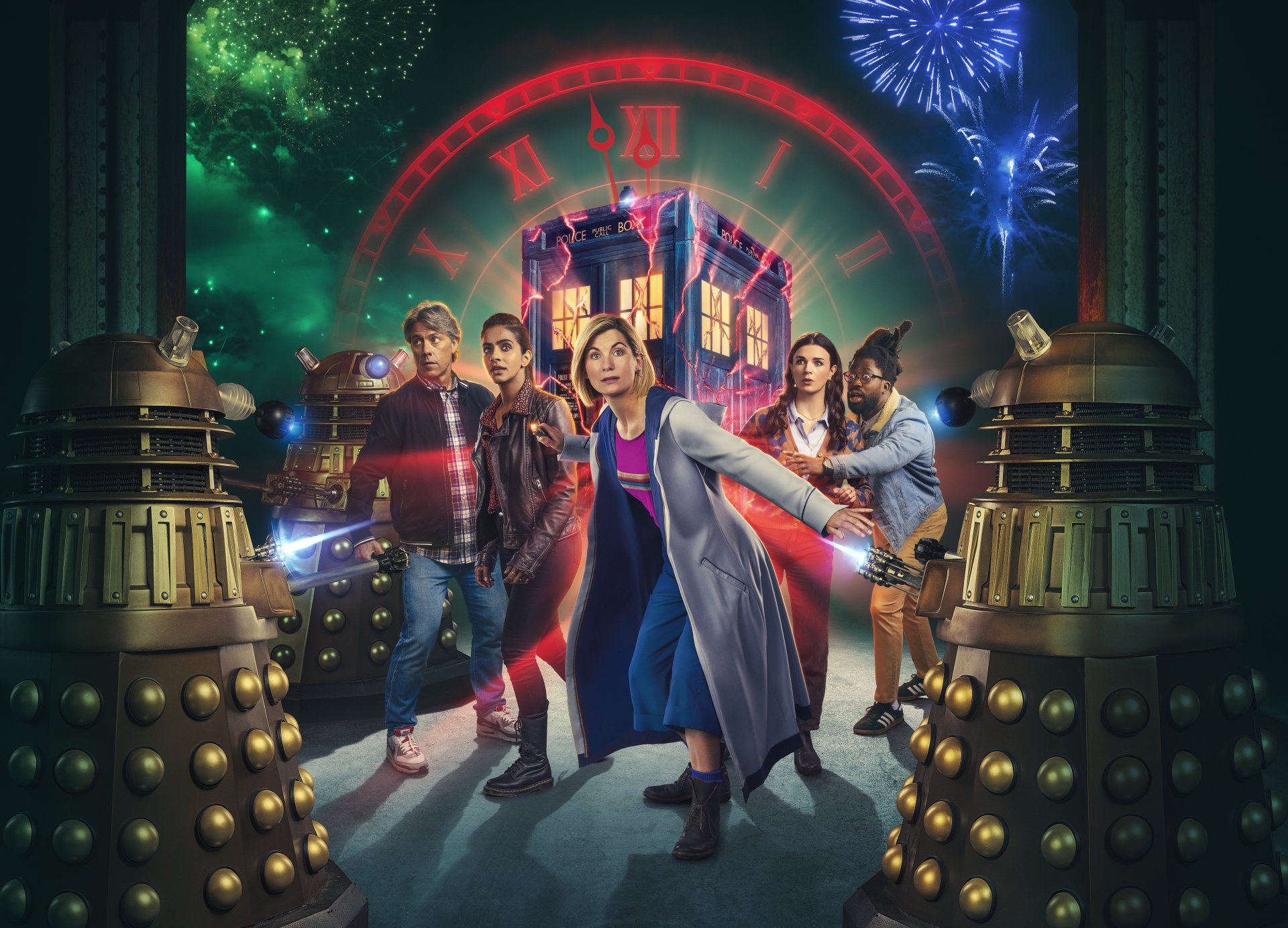 4K Ultra HD wallpaper featuring the Thirteenth Doctor, portrayed by Jodie Whittaker, from the TV show Doctor Who (2005), surrounded by companions and iconic elements like Daleks and the TARDIS.
