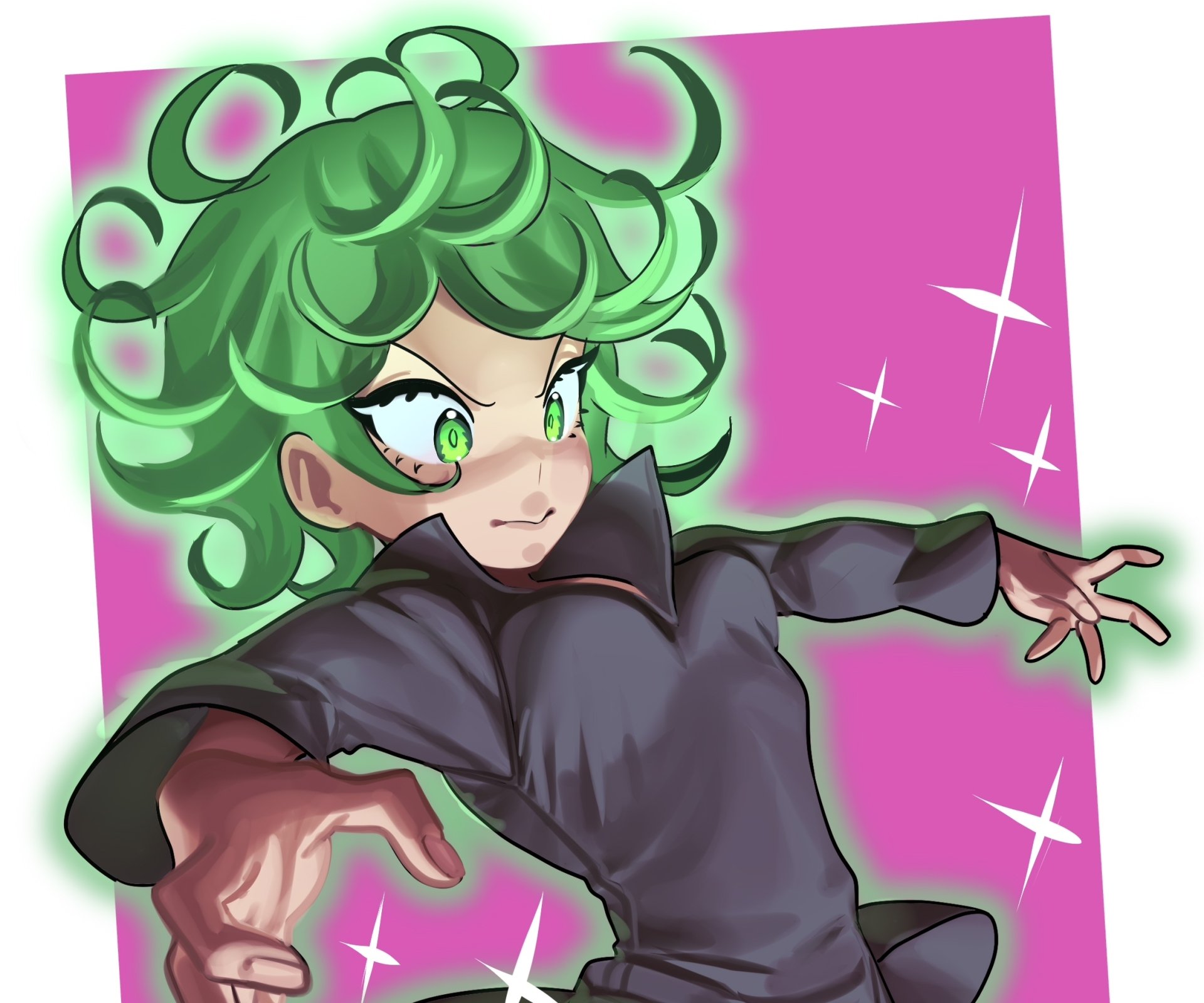 HD PC desktop wallpaper of Tatsumaki (One-Punch Man), anime-style: green curly hair, piercing green eyes, dark outfit against a vivid pink background with star sparkles.