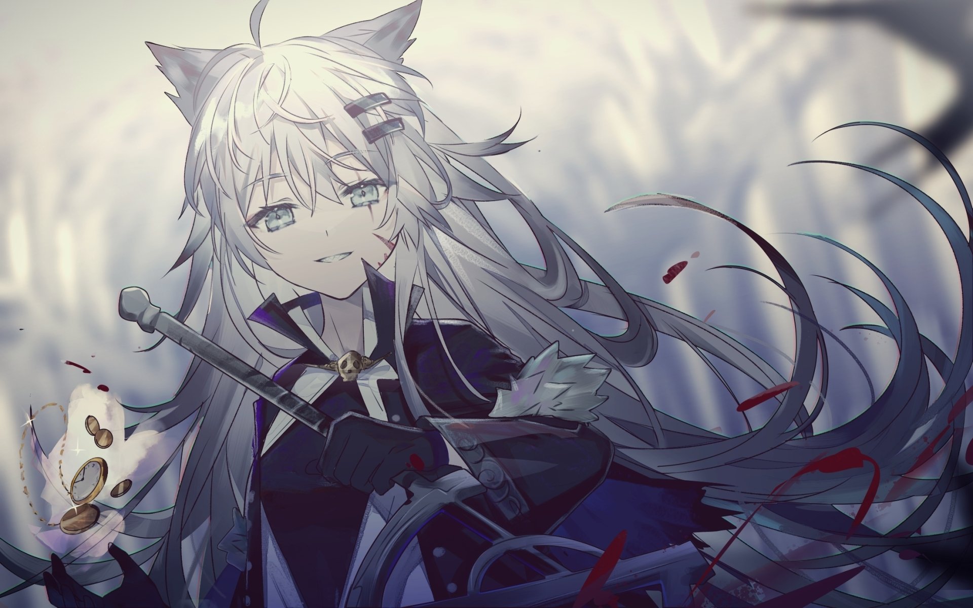 Lappland (Arknights) video game HD PC desktop wallpaper — white-haired, wolf-eared operator with sword and mask, dark flowing coat amid drifting red petals.