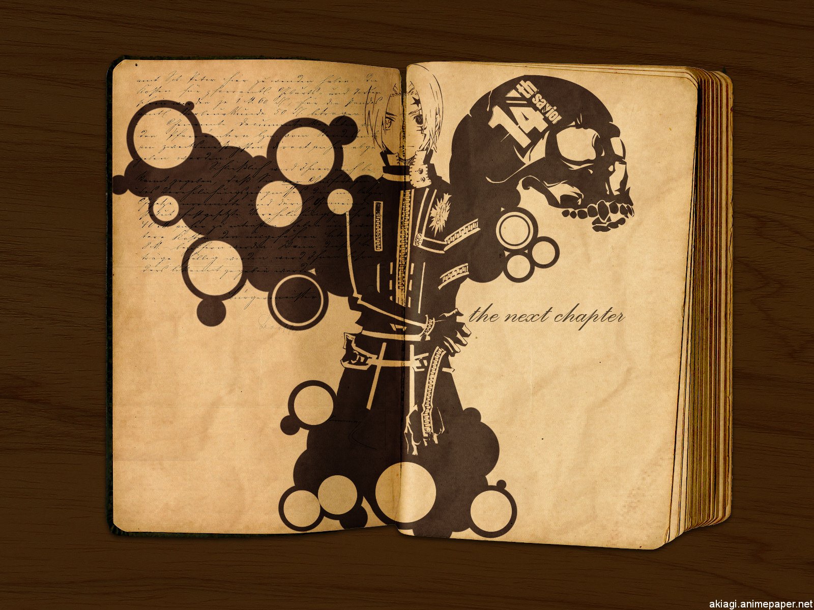 HD PC desktop wallpaper of Allen Walker (Anime, D.Gray-man): stylized black skull and mechanical motifs spread across an open antique book with handwritten notes and the phrase the next chapter.