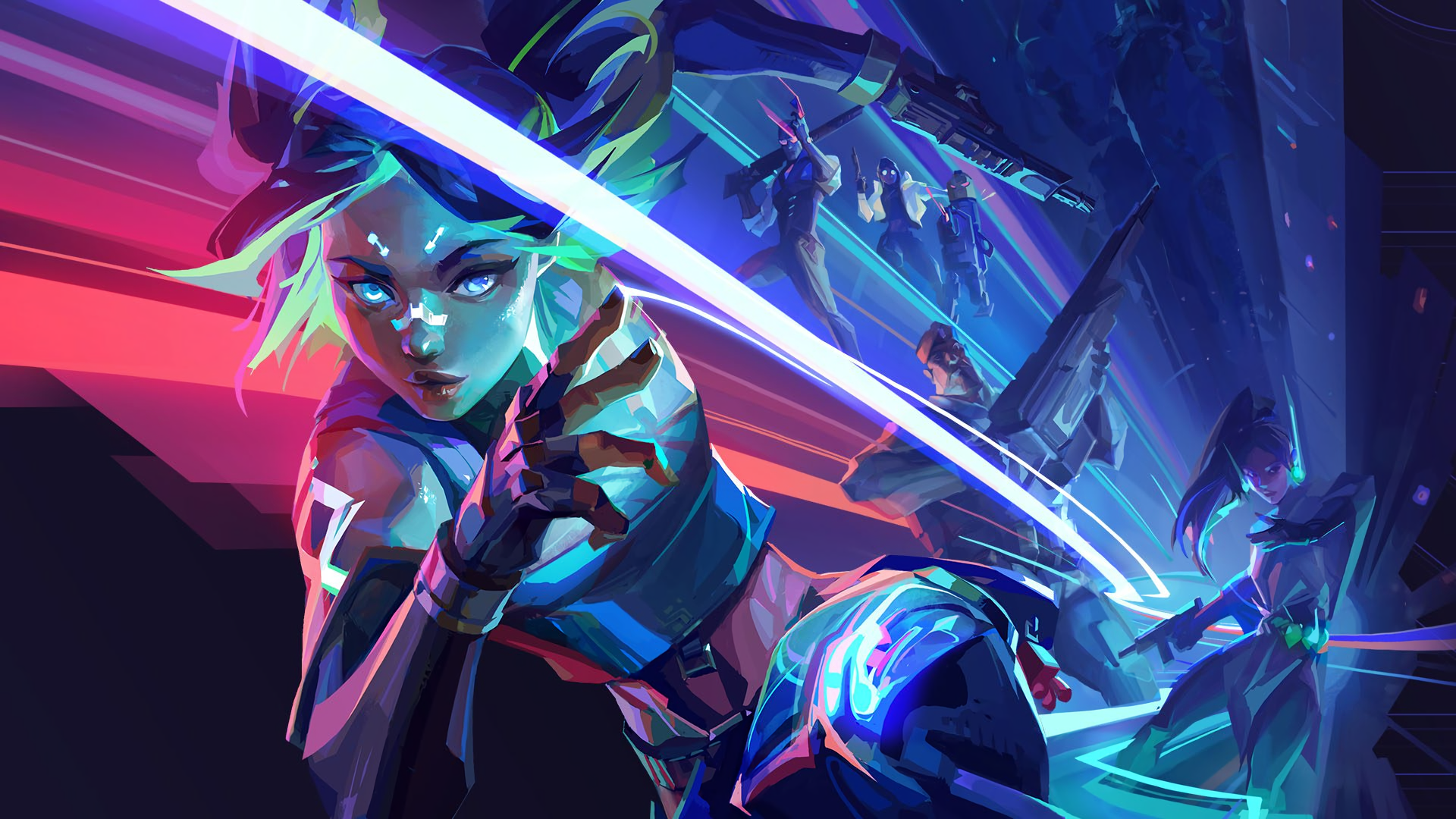 HD PC desktop wallpaper featuring Neon from Valorant in dynamic action, showcasing vibrant neon colors and intense gameplay energy from the popular video game.