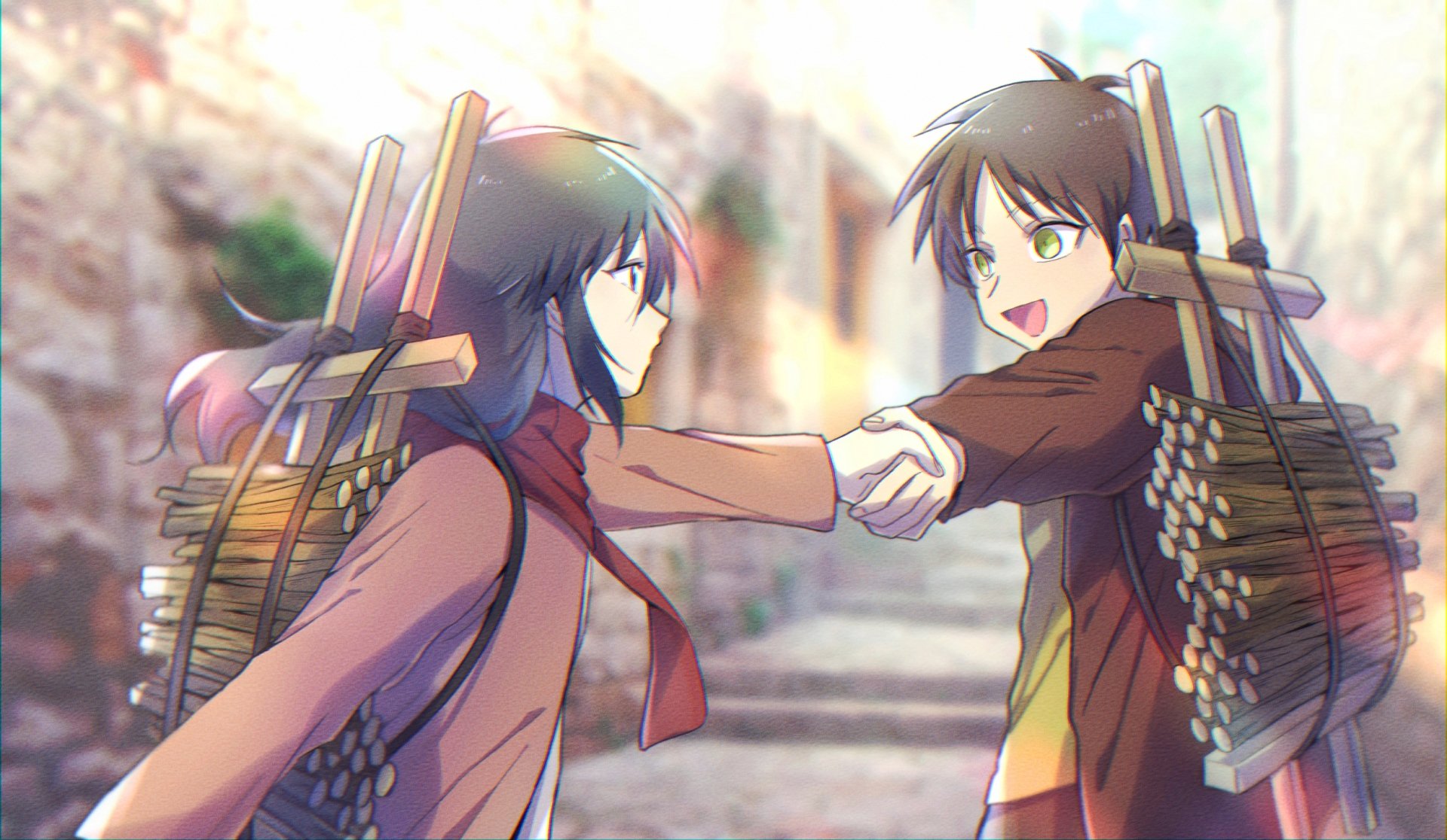 HD anime wallpaper featuring Mikasa Ackerman and Eren Yeager from Attack on Titan, depicted in a dynamic scene with vibrant colors and detailed backgrounds.