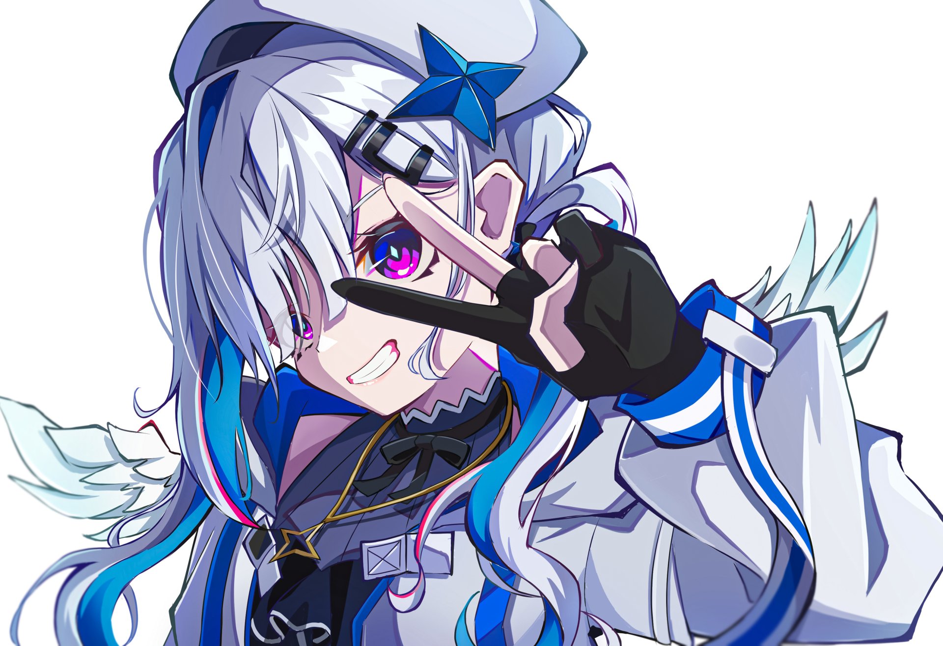 2K Quad HD desktop wallpaper of hololive Virtual YouTuber Amane Kanata — close-up anime portrait with silver-blue hair, star hairpin, wing motifs, and a playful V-sign.