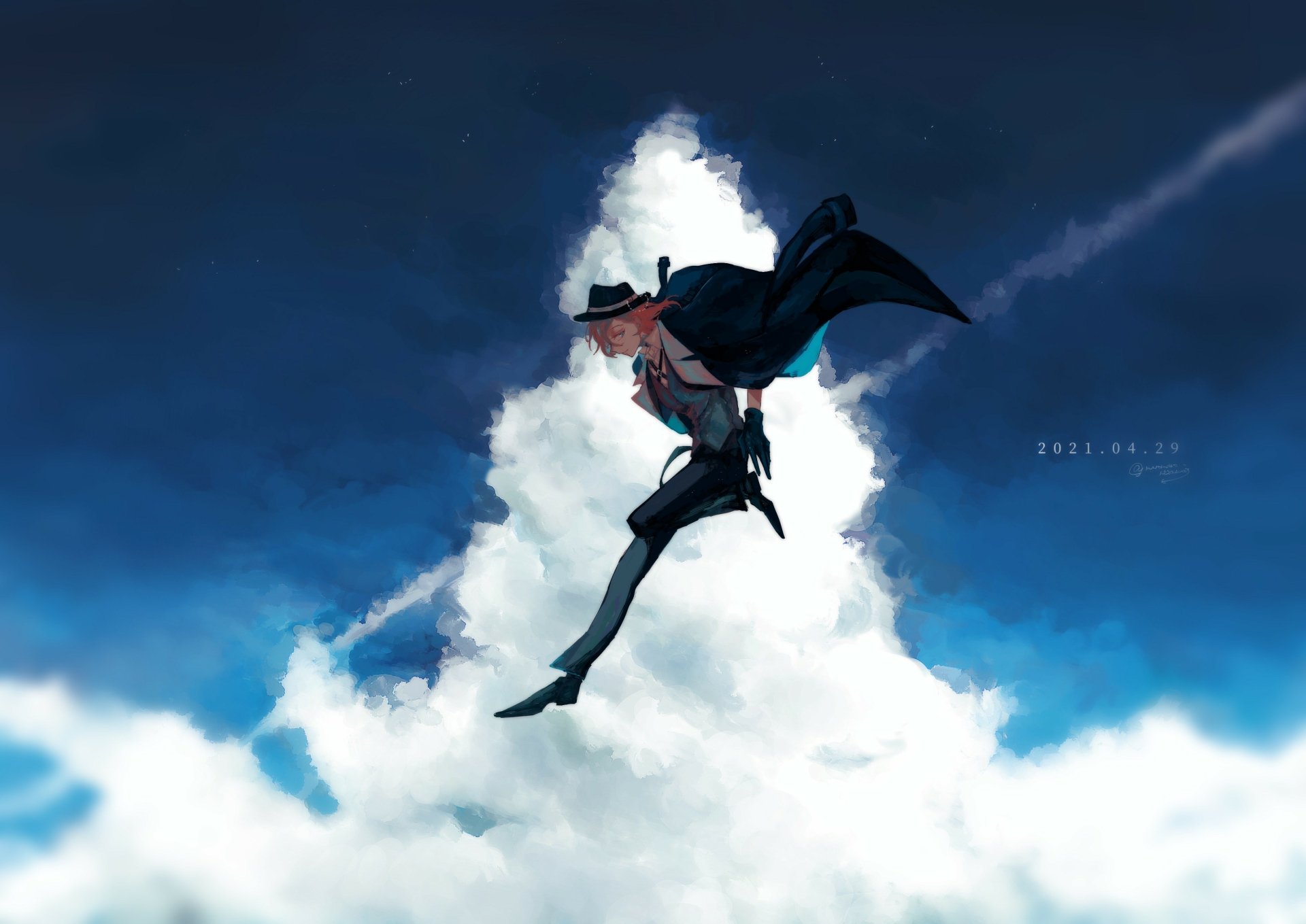 HD anime desktop wallpaper featuring Chuya Nakahara from Bungou Stray Dogs leaping against a bright blue sky with fluffy white clouds.