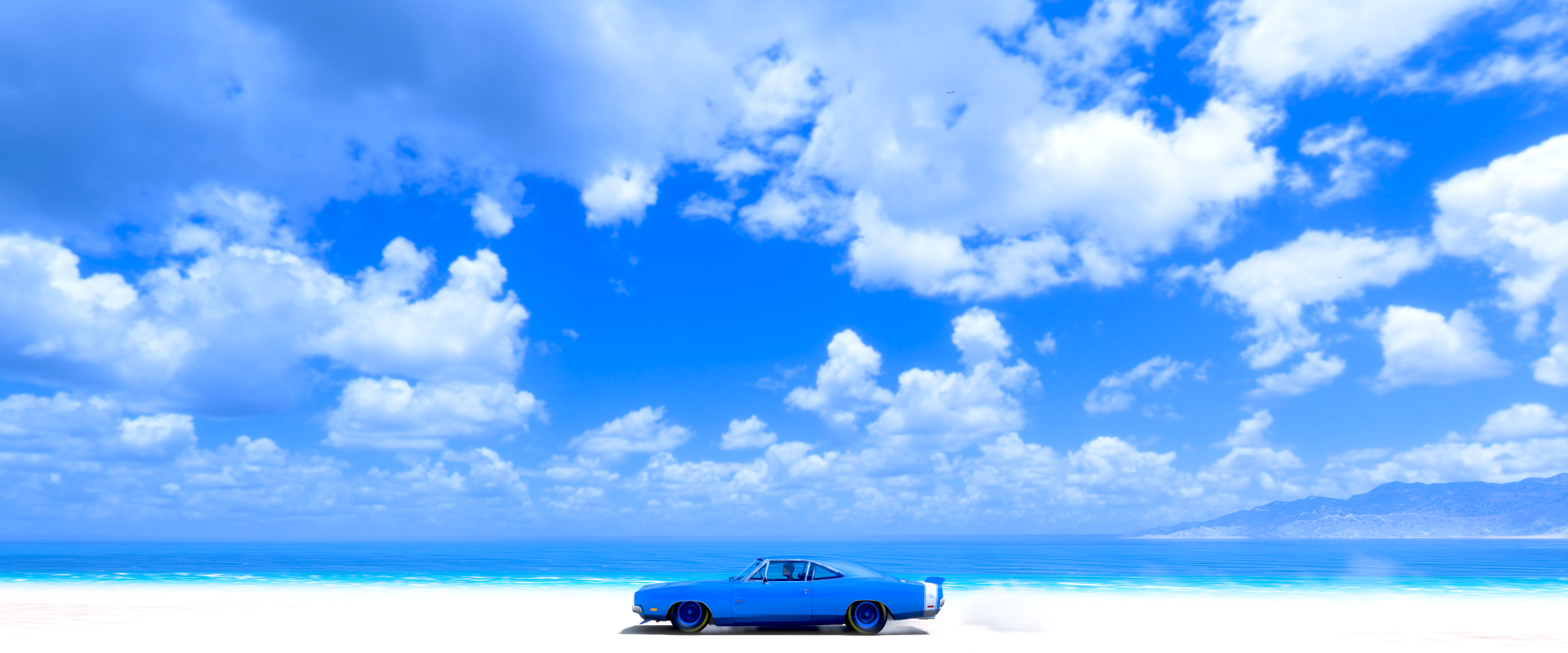 Forza Horizon 5 video game 5K Ultra HD PC wallpaper: bright blue vintage car on white sand with an expansive azure sky and puffy clouds.