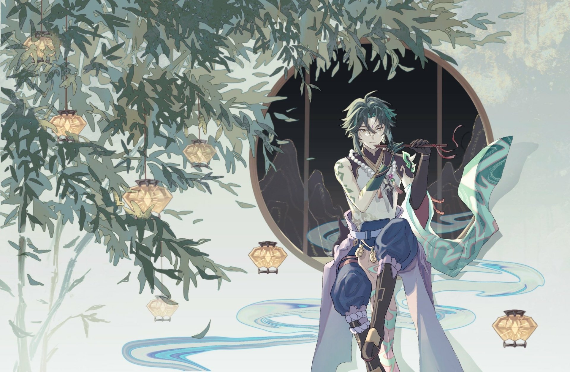 HD PC desktop wallpaper featuring Xiao from the video game Genshin Impact: Xiao by a circular moon gate, playing a flute amid hanging lanterns, overhanging foliage and swirling teal mist.