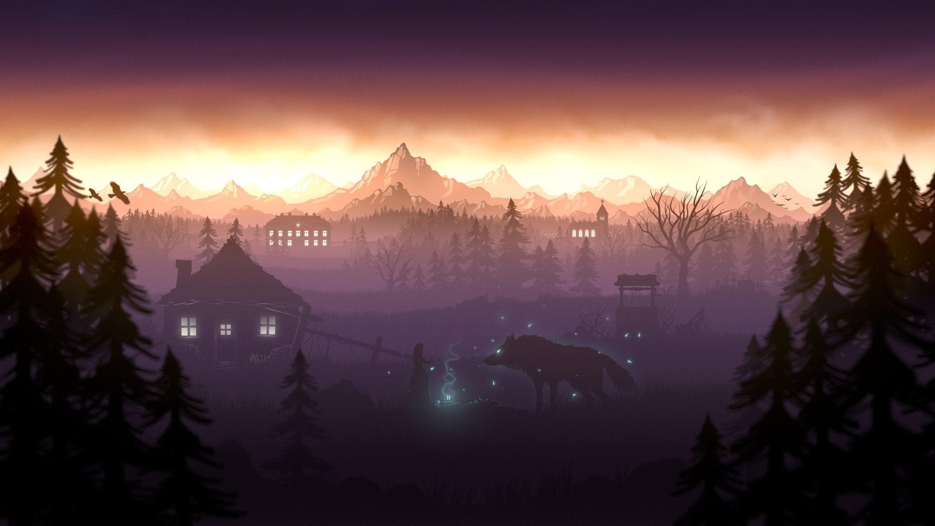 A magical wolf silhouette glows with blue lights in a misty forest village at sunset, rendered in 4K Ultra HD fantasy style for a PC desktop wallpaper.