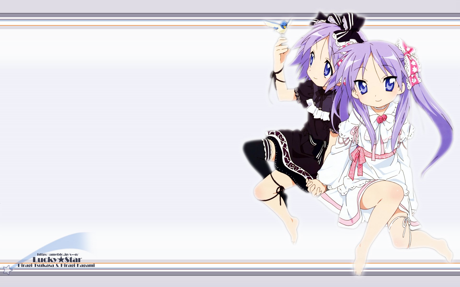 HD PC desktop wallpaper featuring two Lucky Star anime characters with light purple hair, set against a soft gradient background.