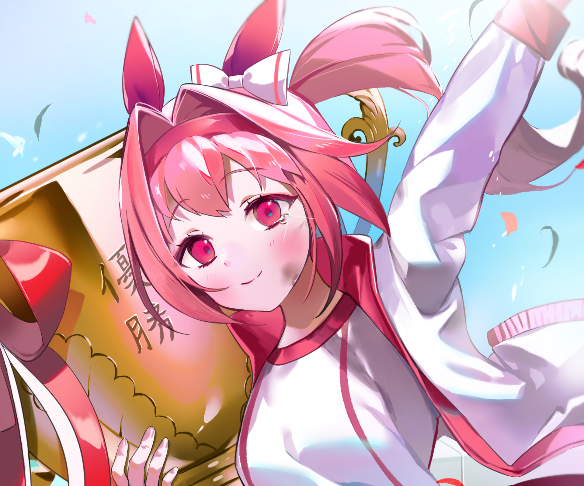 Haru Urara from Uma Musume: Pretty Derby — anime HD PC desktop wallpaper background of a smiling pink-haired girl in a racing outfit holding a trophy against a bright blue sky.