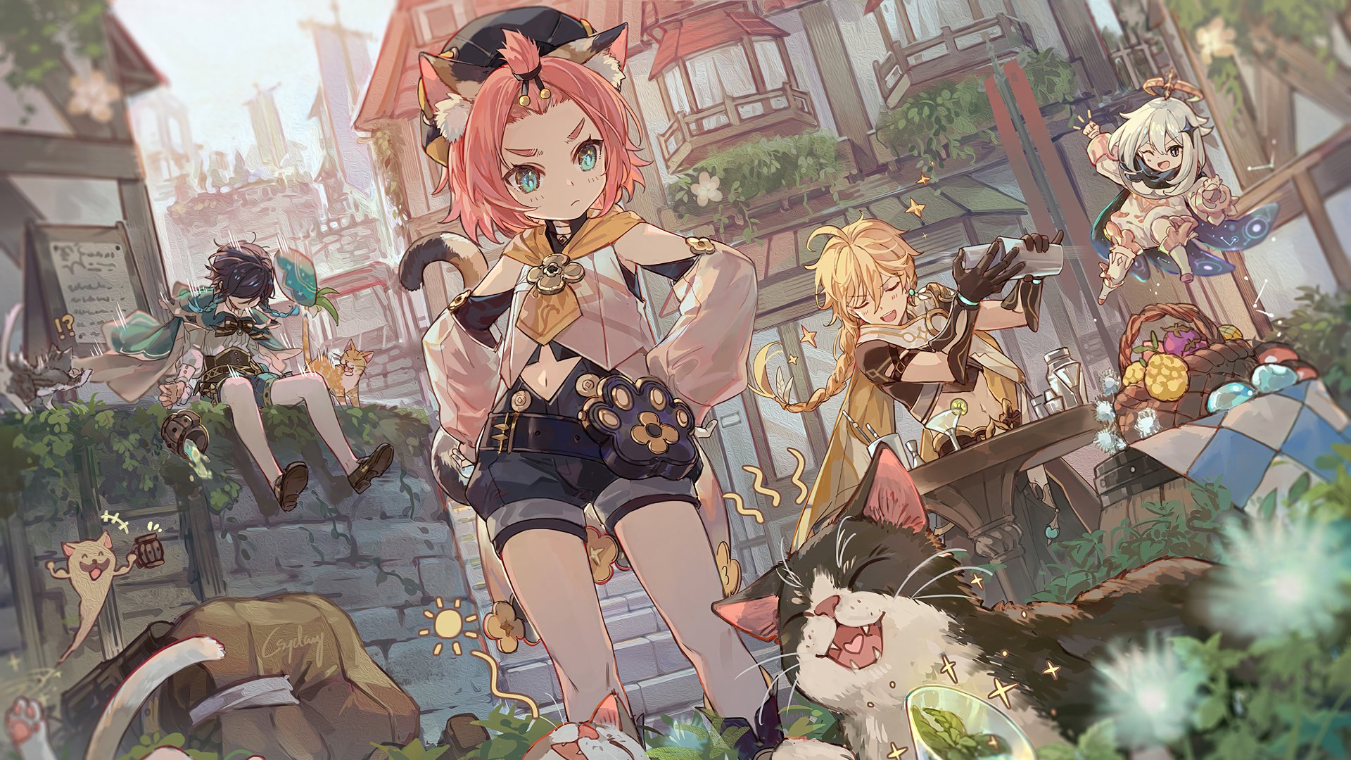 4K Ultra HD PC desktop wallpaper of Genshin Impact (video game) characters Venti, Paimon, Aether and Diona posing in a sunlit city square.