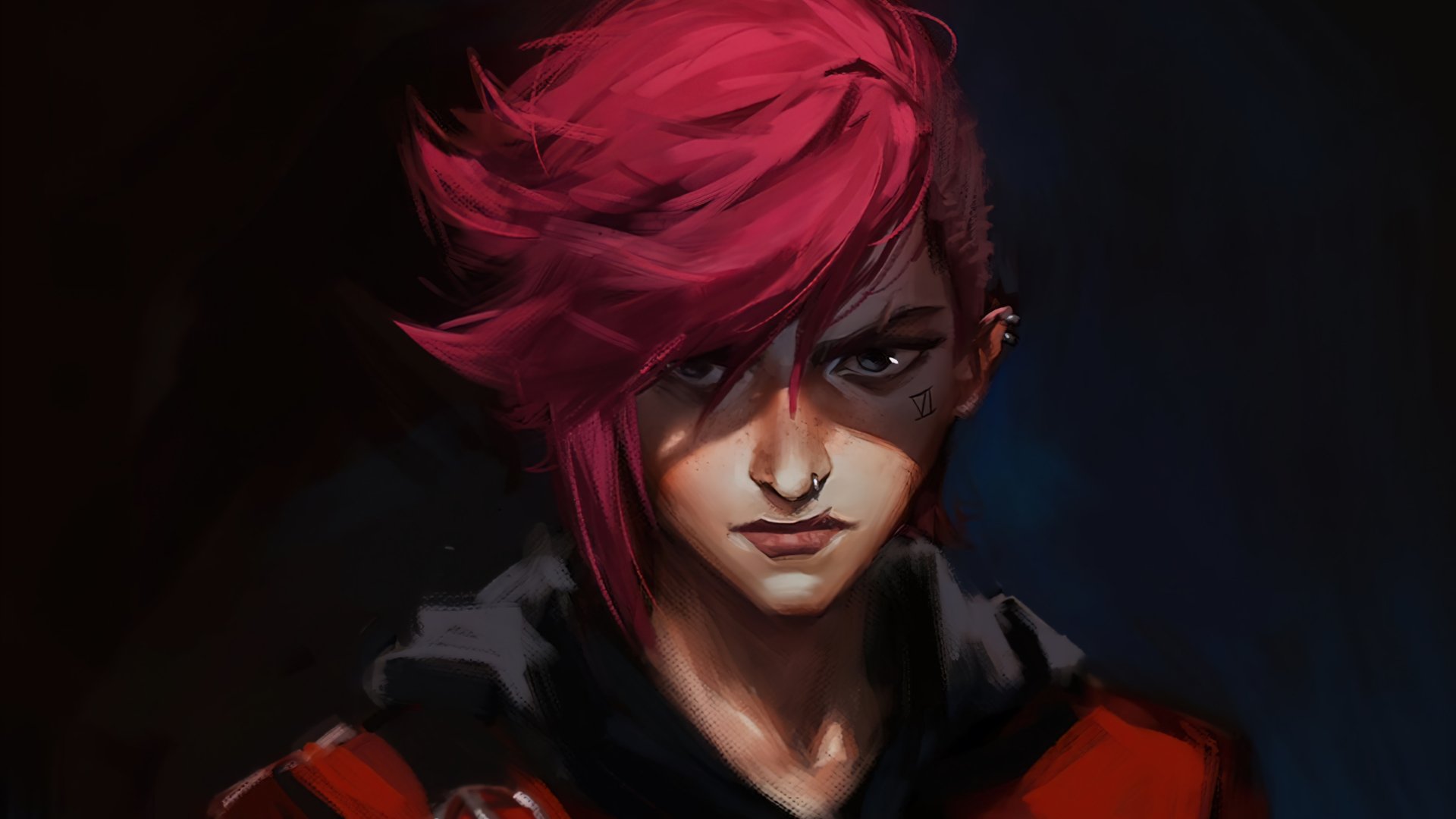 4K Ultra HD PC desktop wallpaper featuring VI from the TV show Arcane, rendered with dramatic lighting and a dark, moody background.