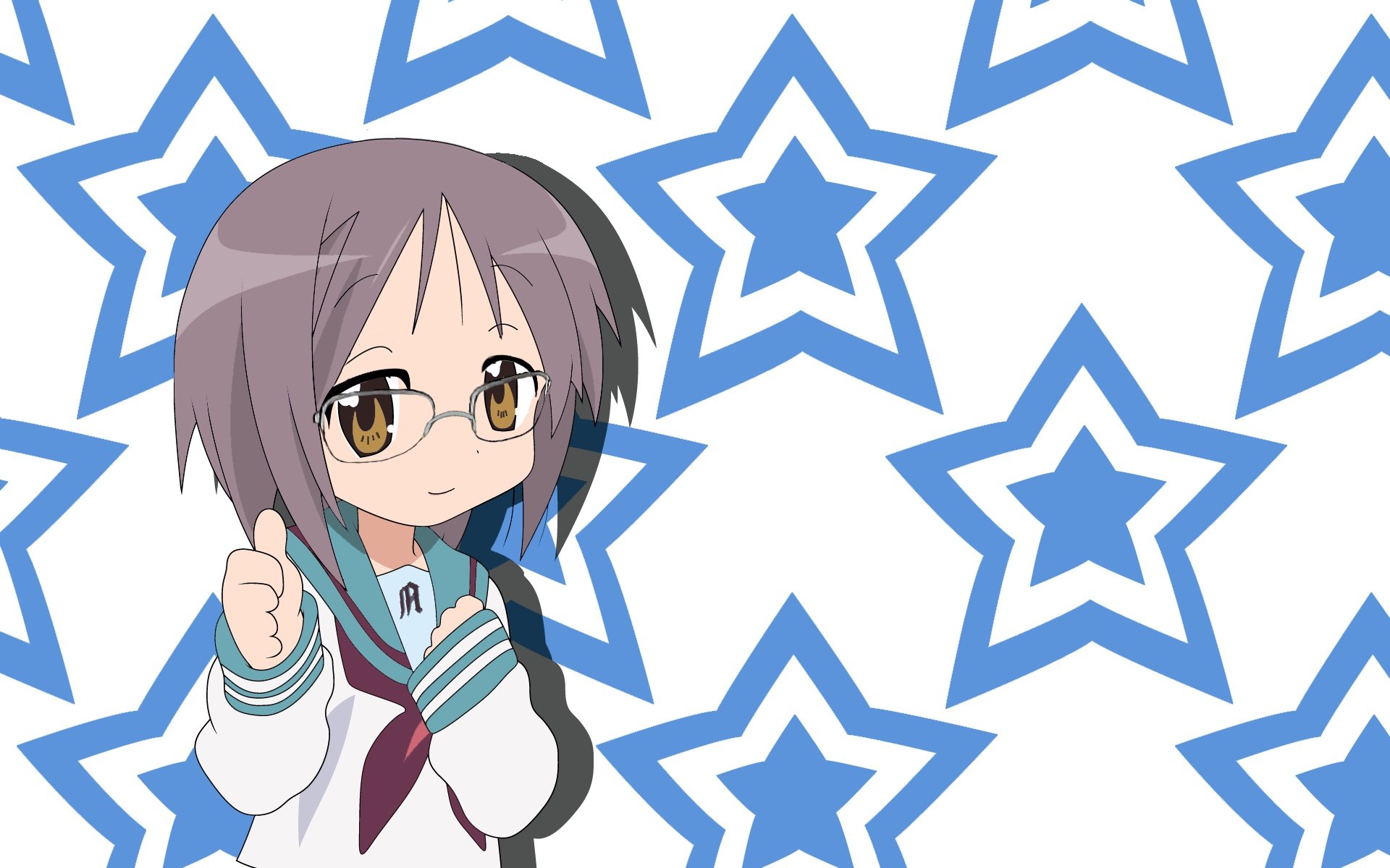 HD PC desktop wallpaper/background of Tsukasa Hiiragi from Lucky Star: cheerful anime girl in a school uniform and glasses against a repeating blue star pattern.