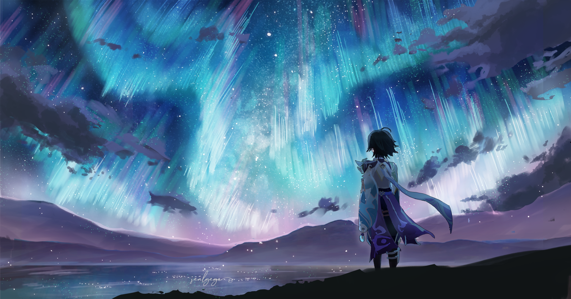 Xiao from Genshin Impact stands against a stunning backdrop of vibrant auroras, creating an enchanting HD desktop wallpaper and background inspired by the video game.