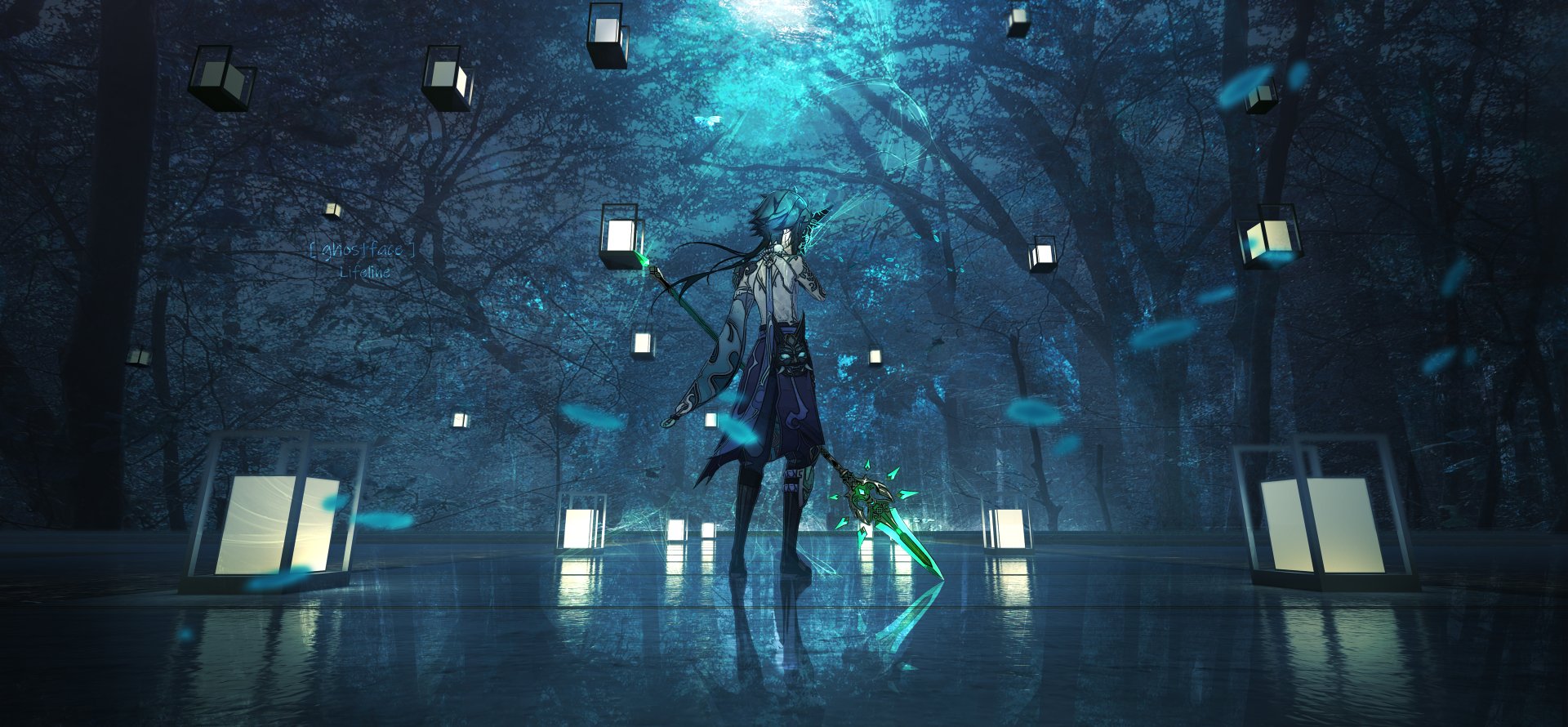 HD desktop wallpaper featuring Xiao from the video game Genshin Impact, shown in a mystical, moonlit forest with floating lanterns.