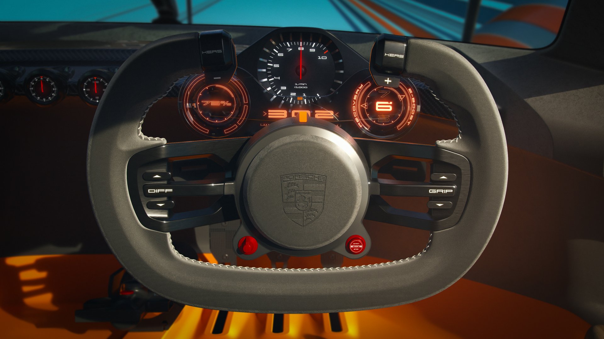 A close-up view of the steering wheel and dashboard of the Porsche Vision 908, showcasing its sleek design and modern instrumentation. Vibrant colors enhance this HD desktop wallpaper.