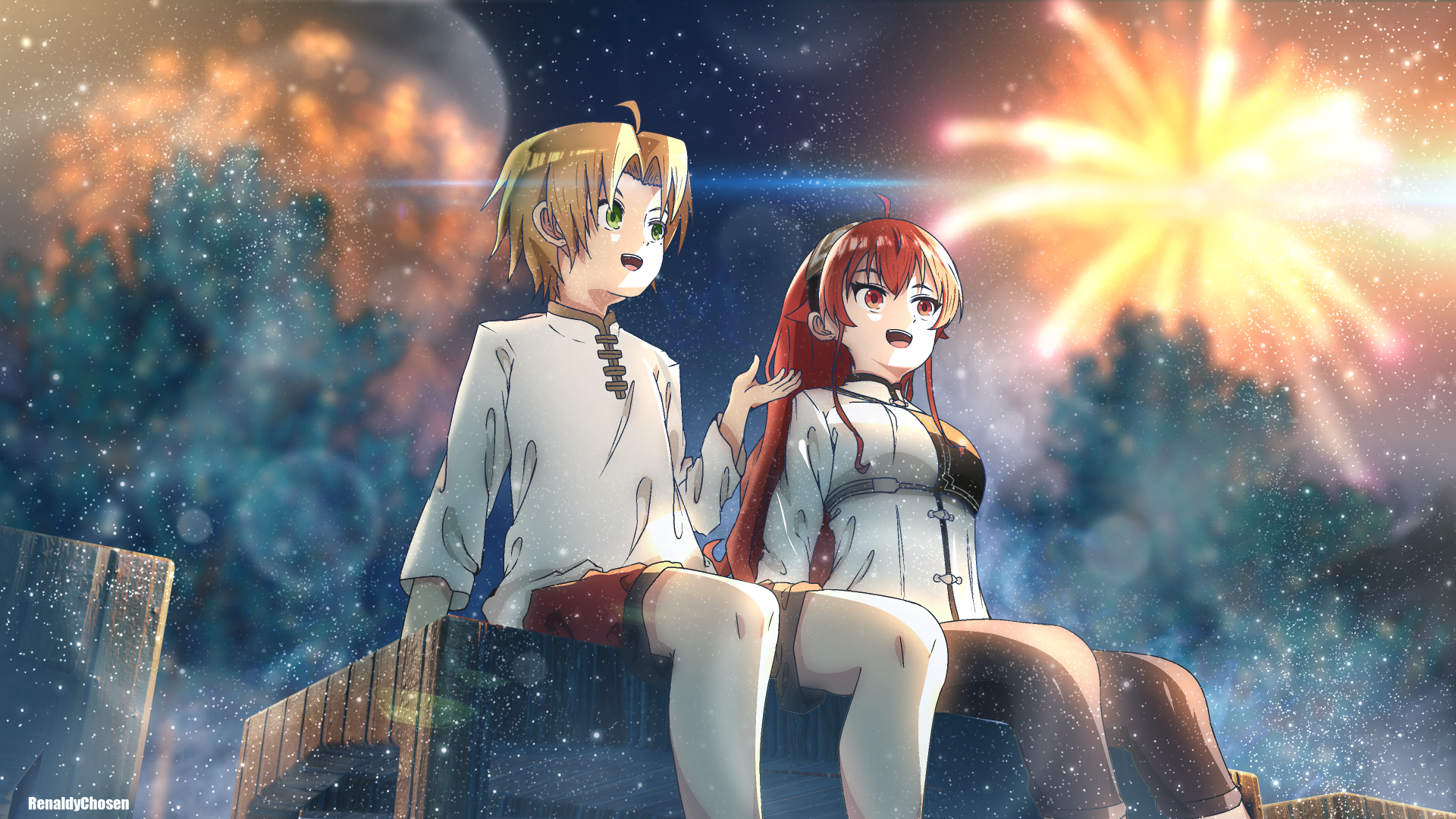 Rudeus Greyrat and Eris Boreas Greyrat sit on a ledge beneath fireworks and a starry sky — anime 4K Ultra HD PC desktop wallpaper from Mushoku Tensei: Jobless Reincarnation.