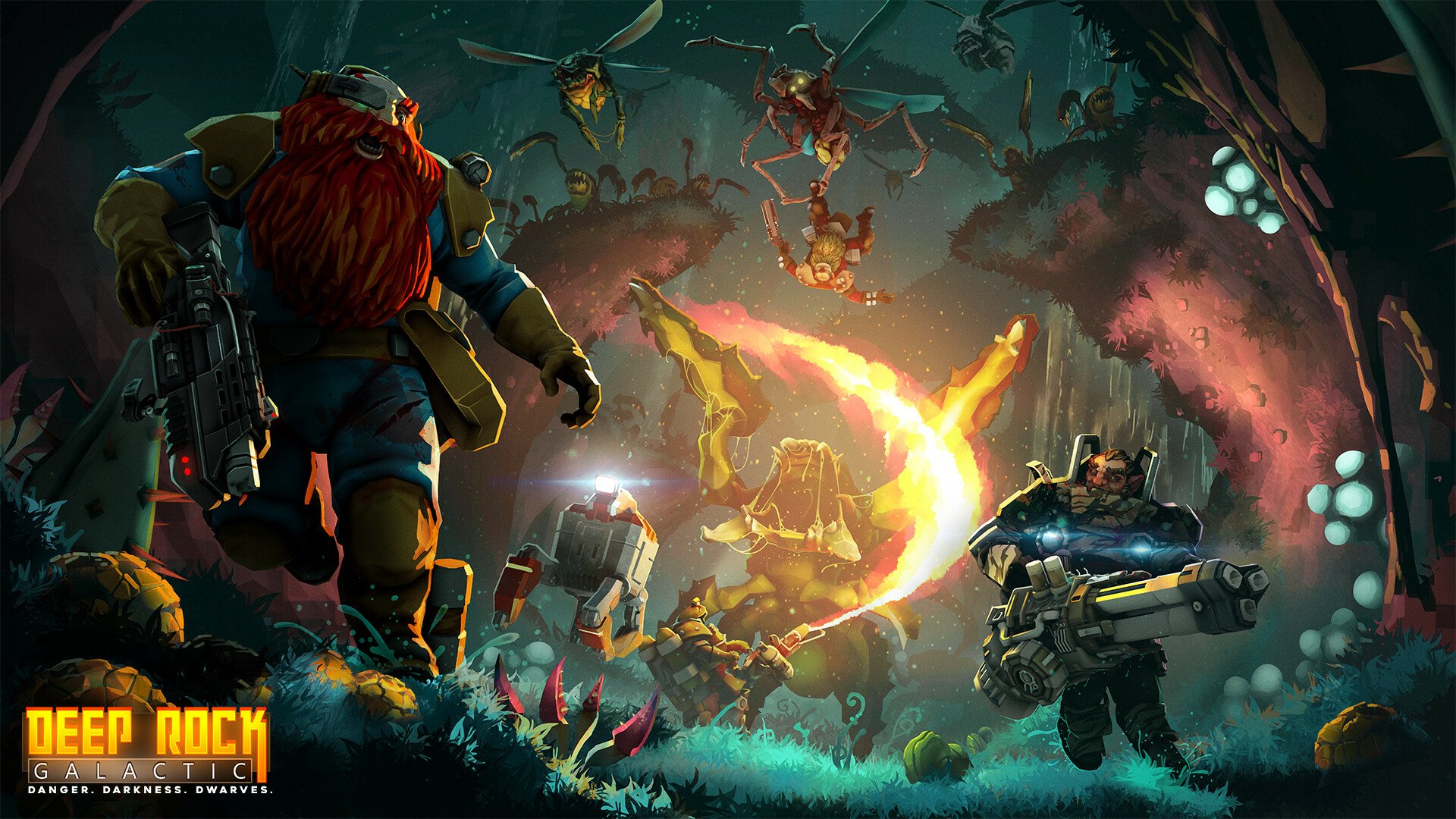 HD desktop wallpaper of Deep Rock Galactic game featuring a fierce battle with dwarven miners and alien creatures.