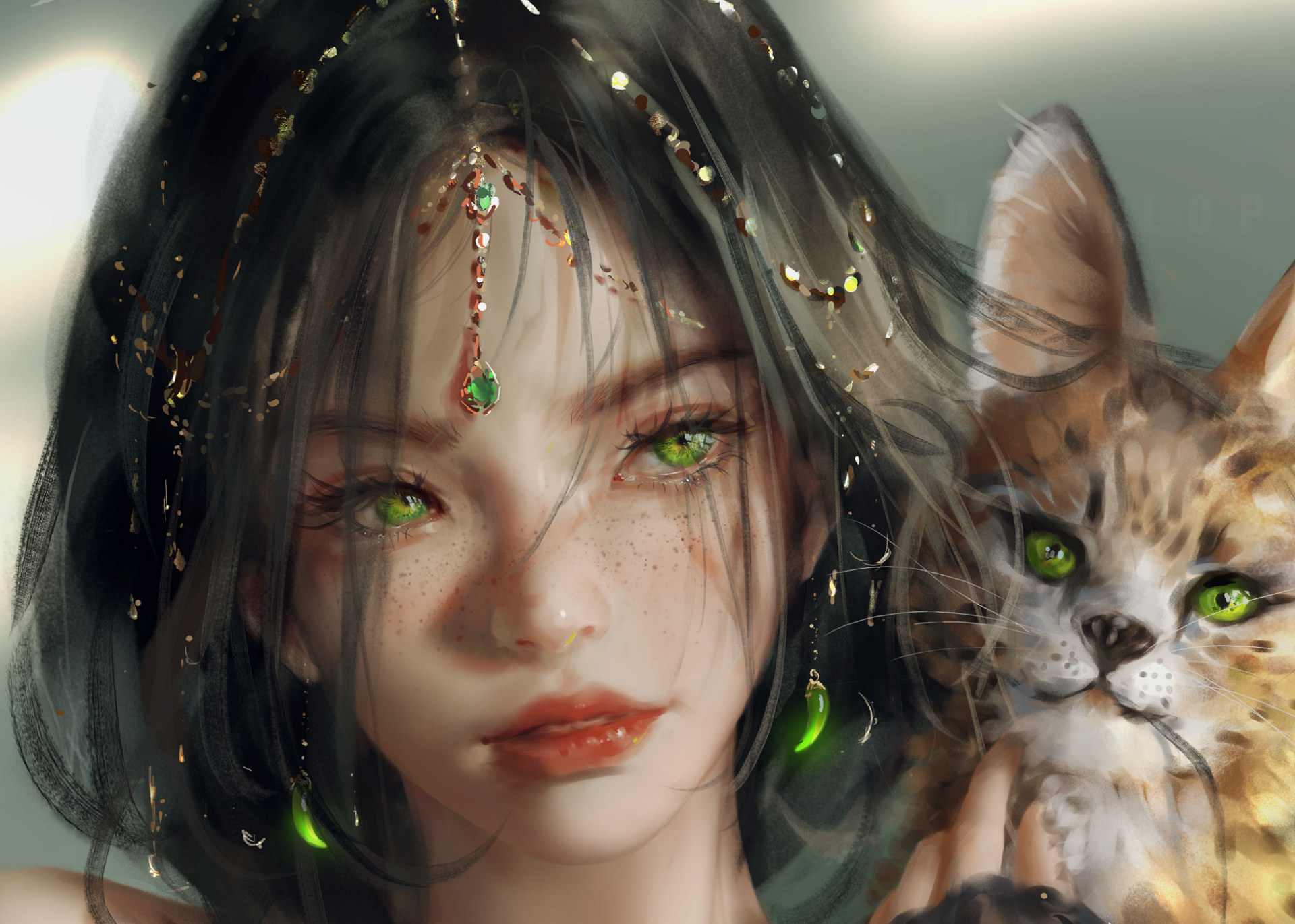 HD PC desktop wallpaper featuring Aeolian from GhostBlade comic, showcasing a close-up of a young woman with glowing green eyes and a cat with similar striking eyes.