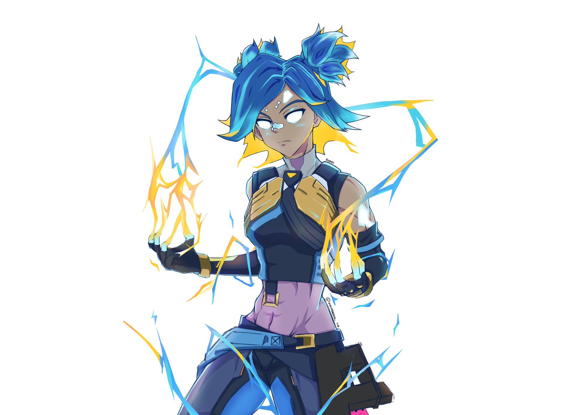 Neon (Valorant) character art, electric-blue lightning arcing from her hands on a clean white backdrop — 2K Quad HD PC desktop wallpaper/background, video game Valorant.