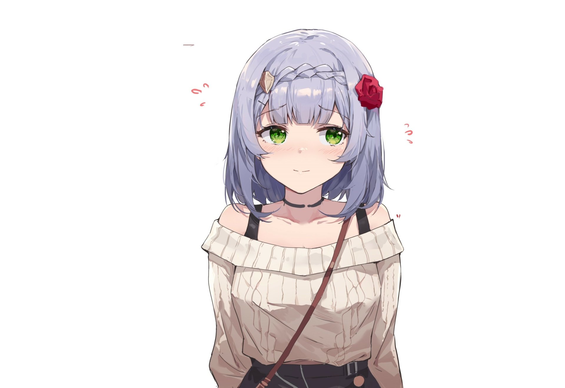 Noelle (Genshin Impact) portrait: anime-style bust with silver hair, green eyes and red rose pin, wearing an off-shoulder sweater — 2K Quad HD PC desktop wallpaper/background.