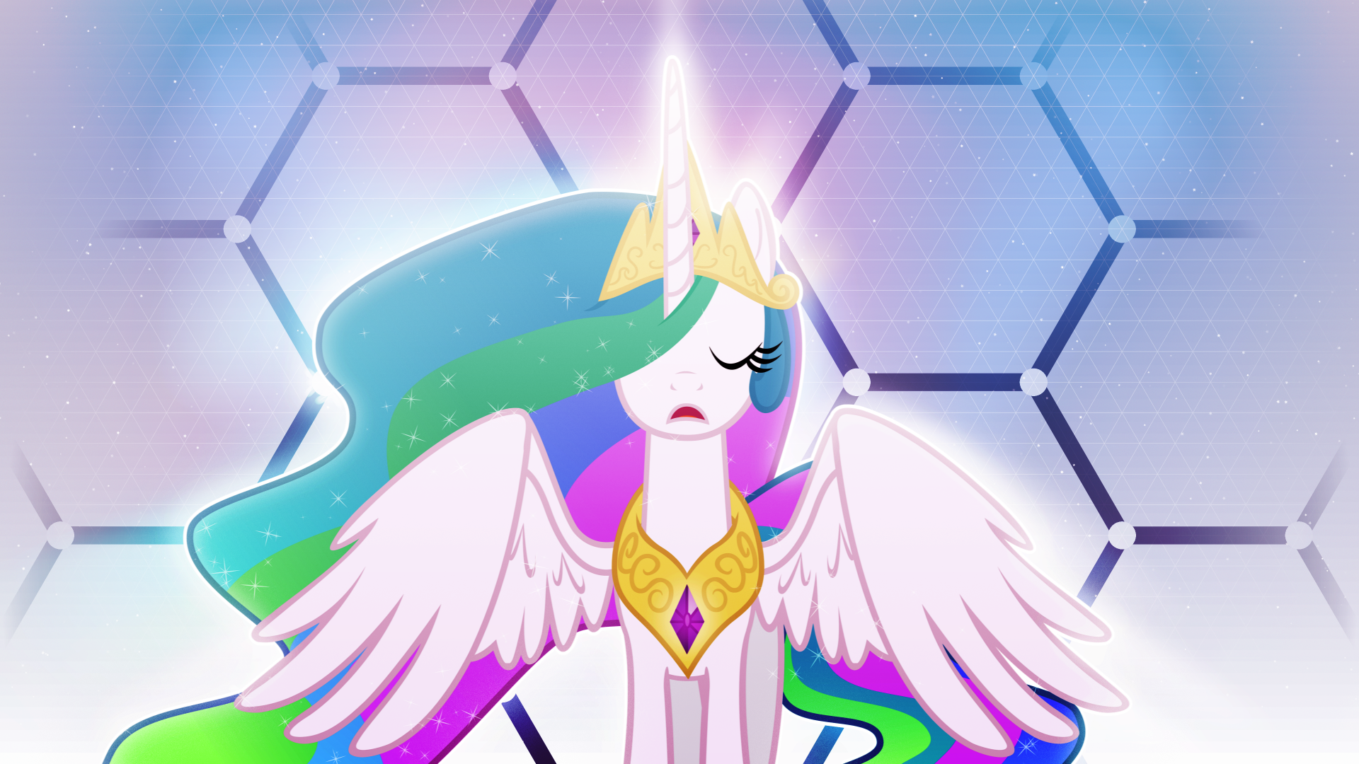 4K Ultra HD desktop wallpaper of Princess Celestia from My Little Pony: Friendship Is Magic TV show, glowing with magical light against a hexagonal patterned background.