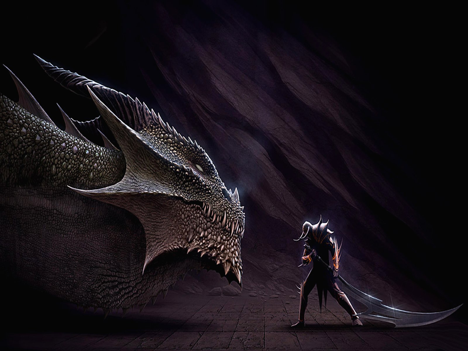 A high-definition fantasy wallpaper depicting a menacing dragon facing a lone warrior in a dark, mystical setting.