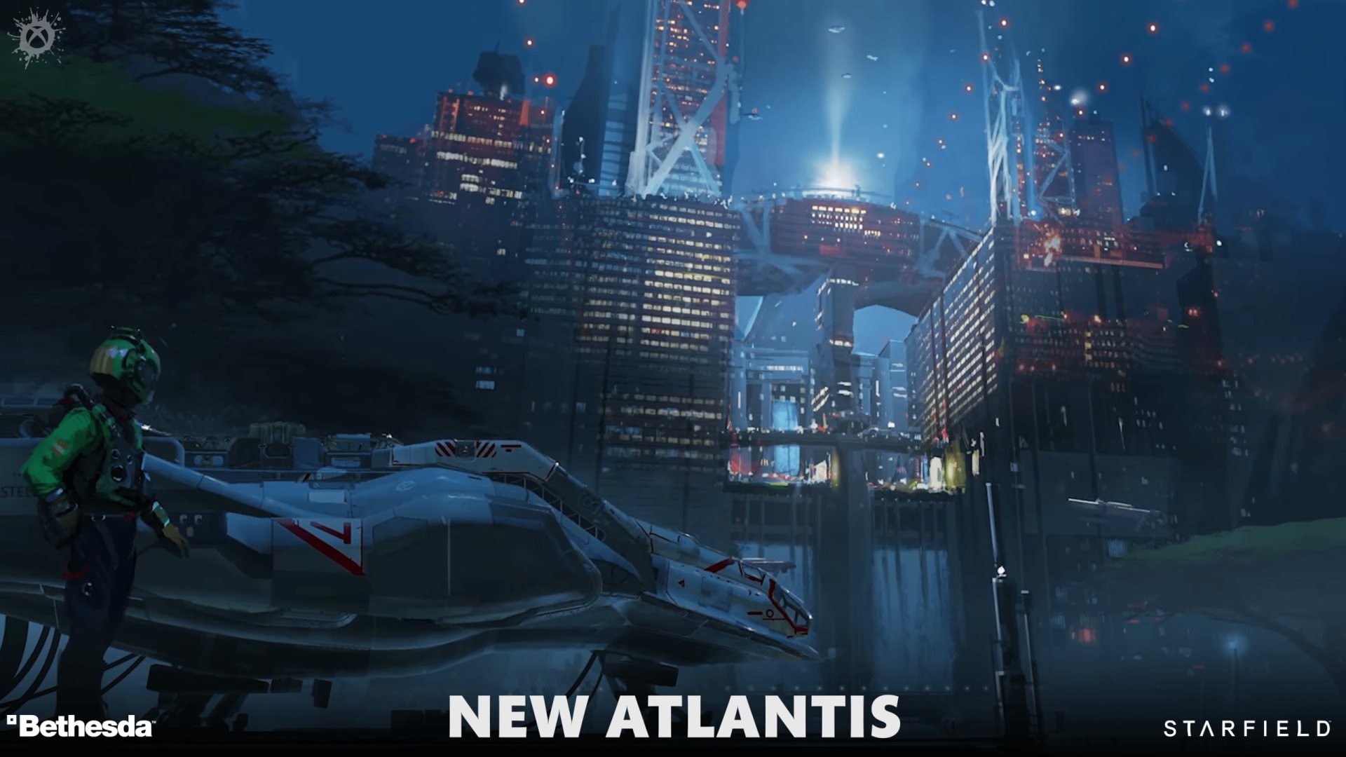 HD PC desktop wallpaper from the video game Starfield, showcasing a futuristic cityscape titled New Atlantis with detailed architecture and advanced spacecraft.