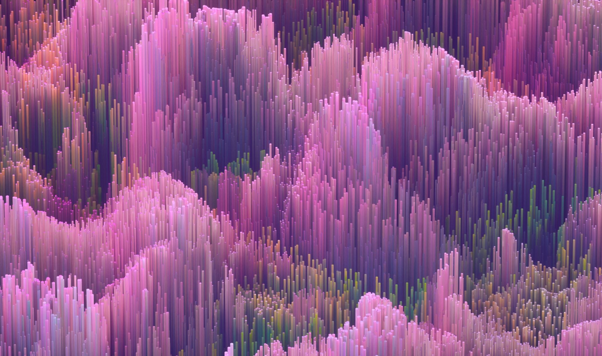 Abstract wave of vertical pink and purple pixel columns forming undulating cloud-like ridges — 2K Quad HD PC desktop wallpaper and background.