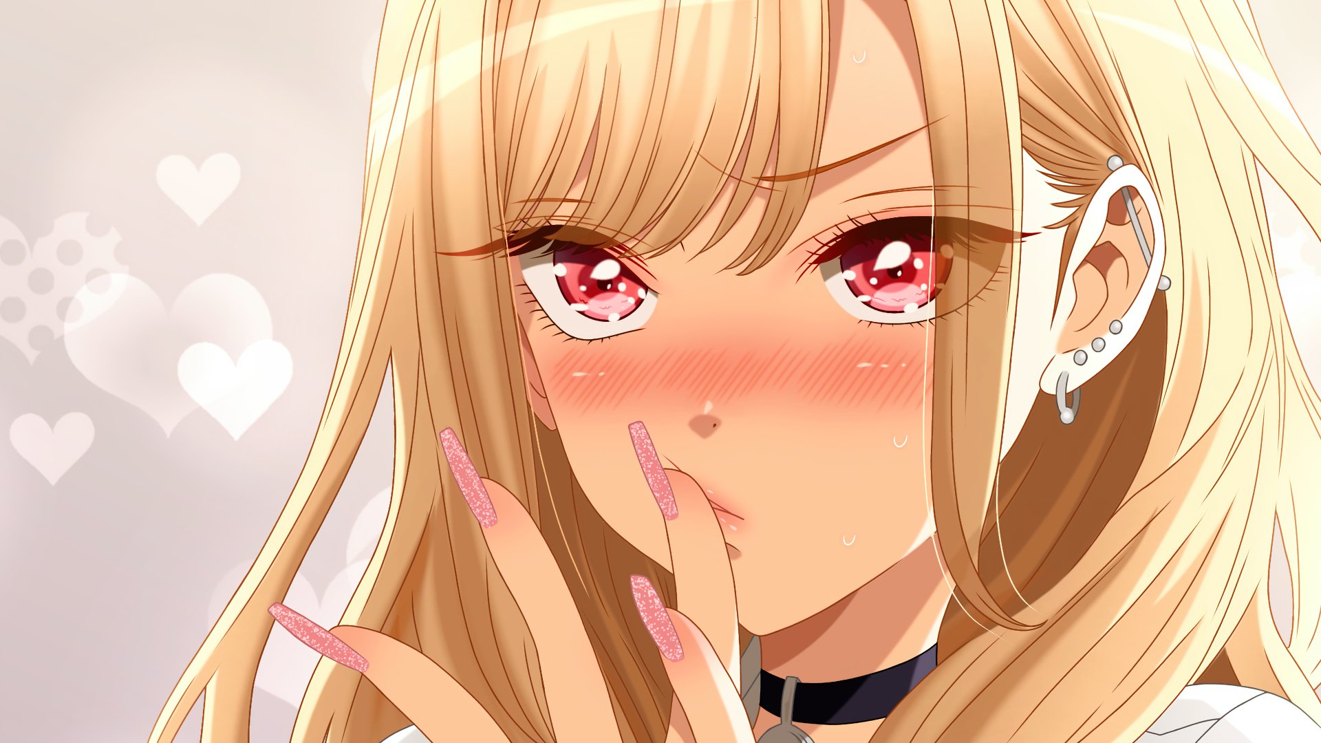 Anime-style close-up of a blushing girl with long blonde hair and red eyes from My Dress-Up Darling, rendered in 4K Ultra HD for a PC desktop wallpaper.