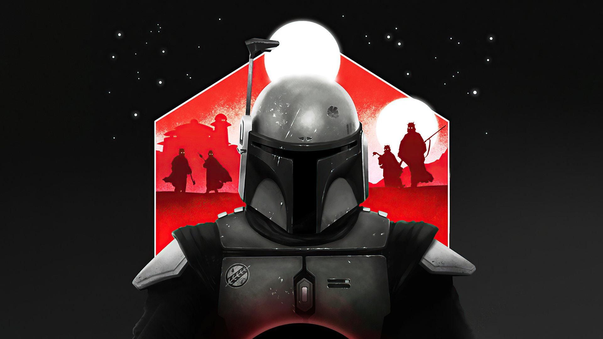 Boba Fett stands prominently against a red hexagonal background with silhouettes from Star Wars: The Book of Boba Fett in this 4K Ultra HD PC desktop wallpaper.